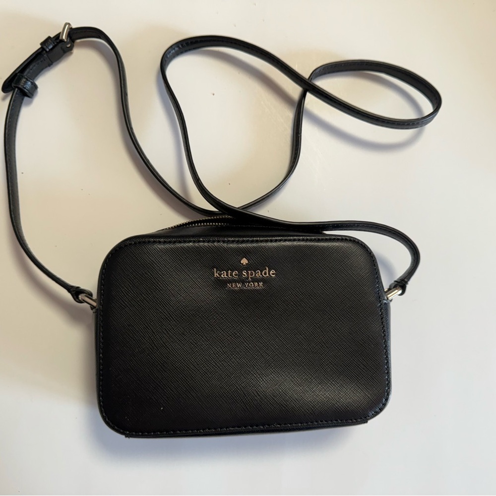 kate spade black leather crossbody bag with gold logo